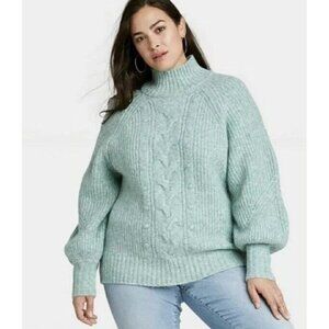 NEW Ava & Viv Women's Plus Pullover Turtleneck Cable-Knit Sweater blue Size X
